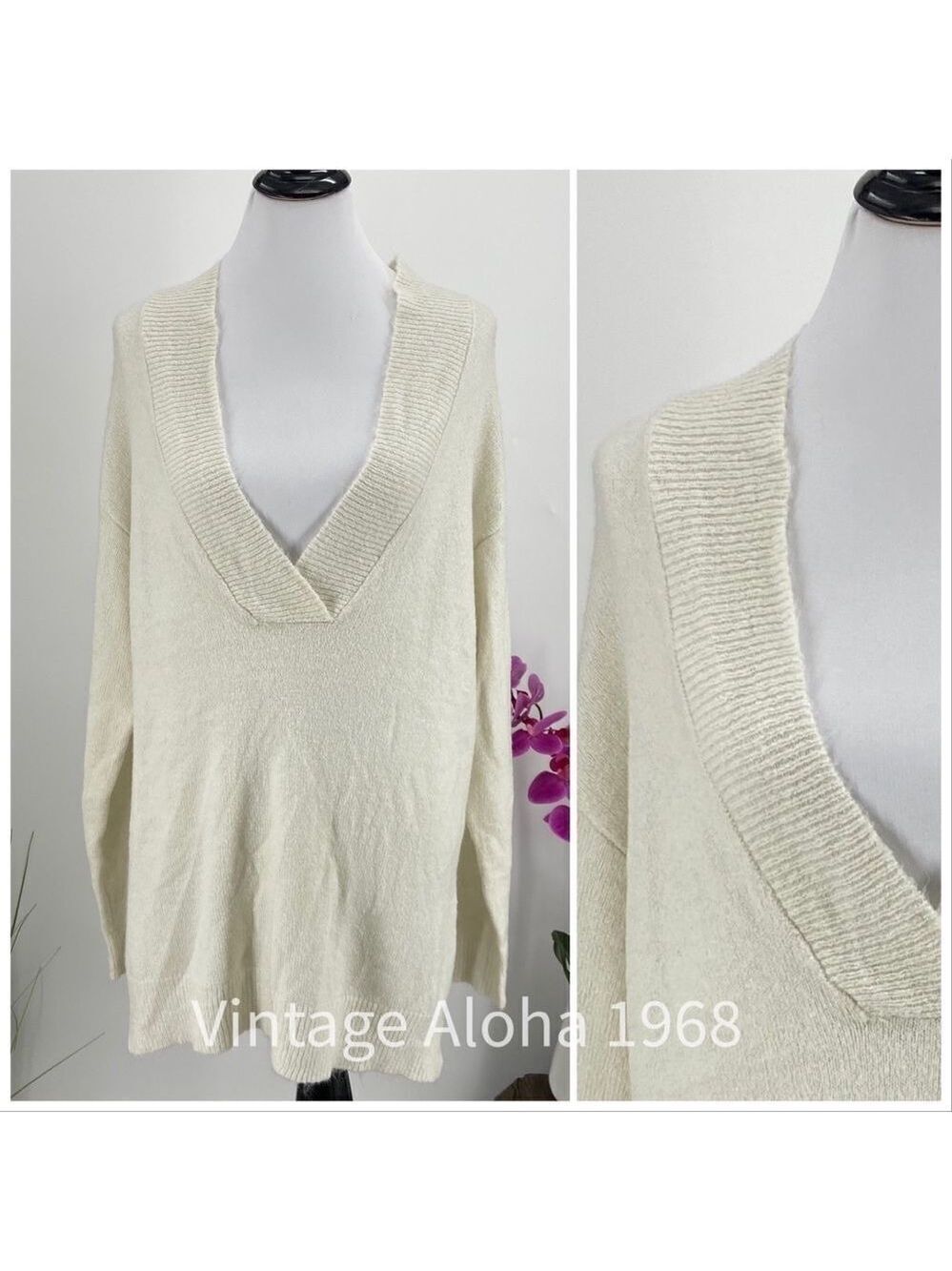 $89 RDI Medium Cream Color Oversize V Neck Sweater